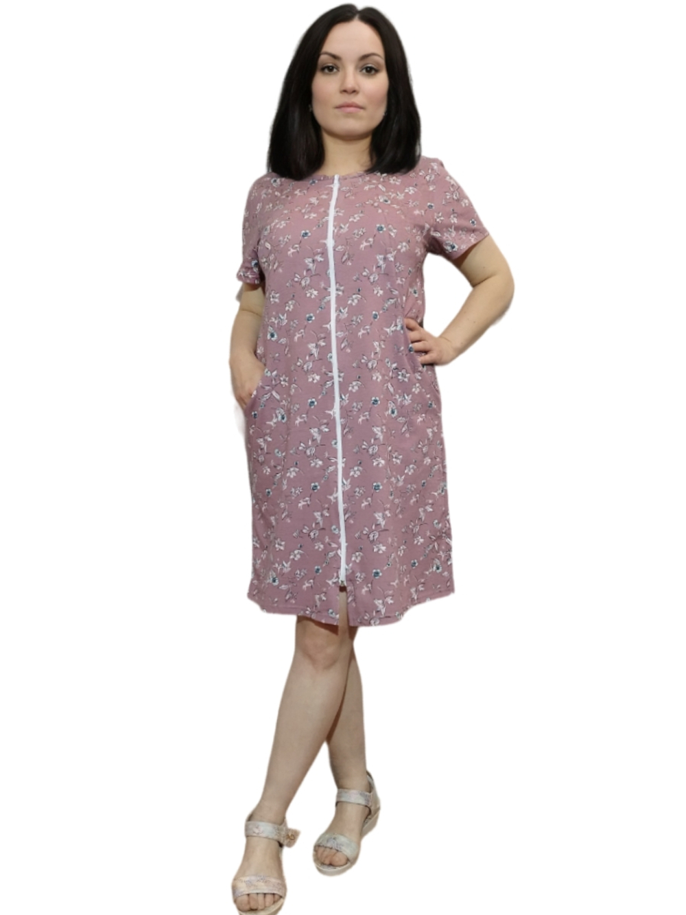 2121 Пеньюар-халат женский мелкие цветы на грязно-розовом (60)