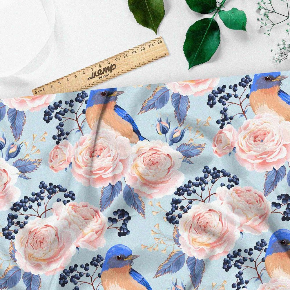 Ткань футер 2-х нитка голубые птицы
