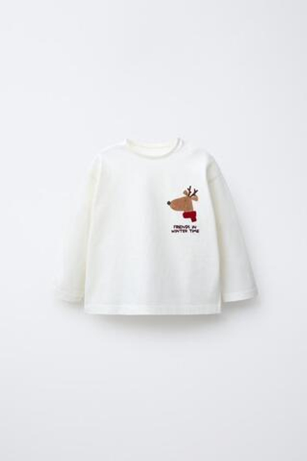 ZARA ФУТБОЛКА С РЕЛЬЕФНЫМ ОЛЕНЕМ, ЭКРЮ