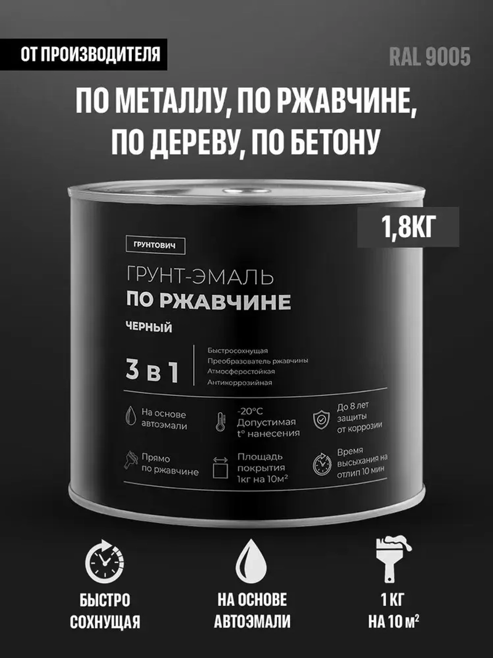Грунтович Краска Быстросохнущая, Гладкая, Матовое покрытие, 1.8 кг, черный