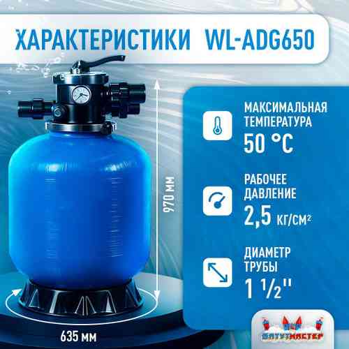 Песочный фильтр WL-ADG650 для бассейна до 128 м³, до 160 кг песка, до 16000 л/ч
