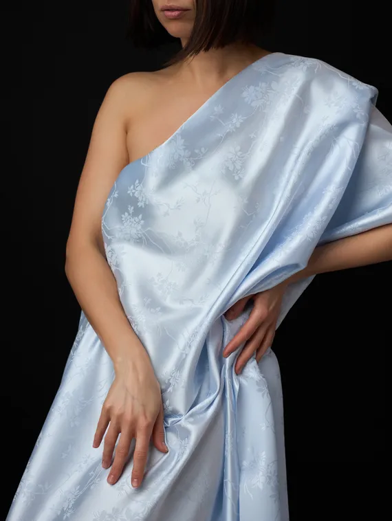 Ткань шелк Армани Жаккард, арт. 1870/2, дизайн "цветы на ветке", светло-голубой