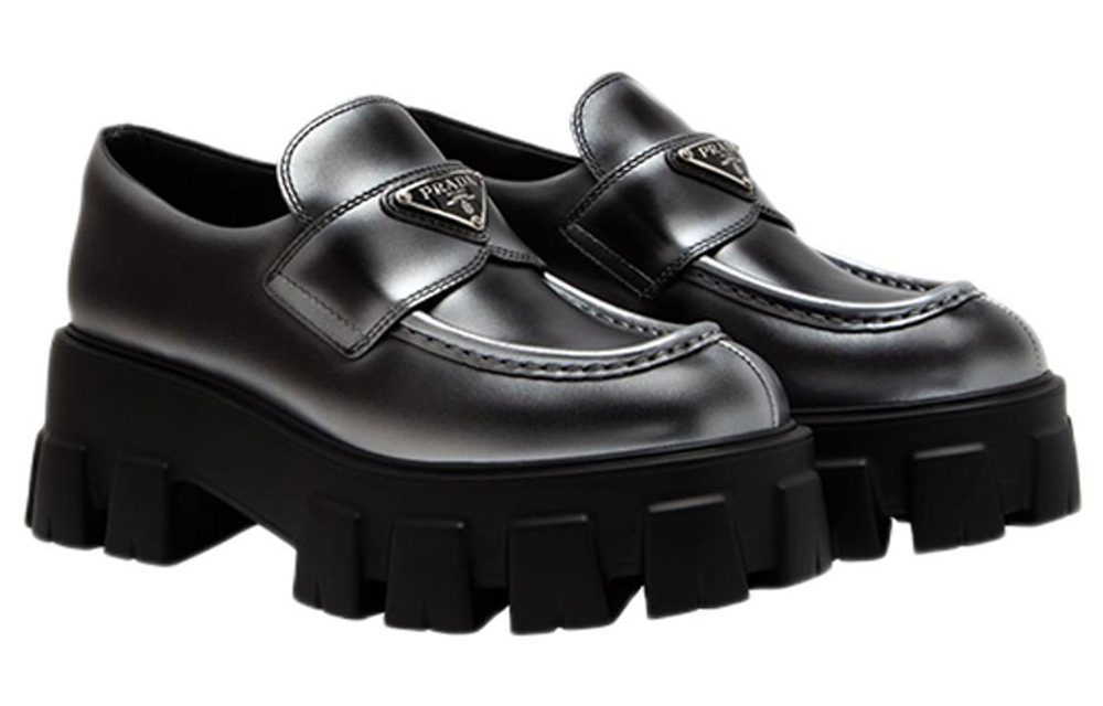 PRADA Monolith Brushed Leather Loafers "White Spray Black" Women"s