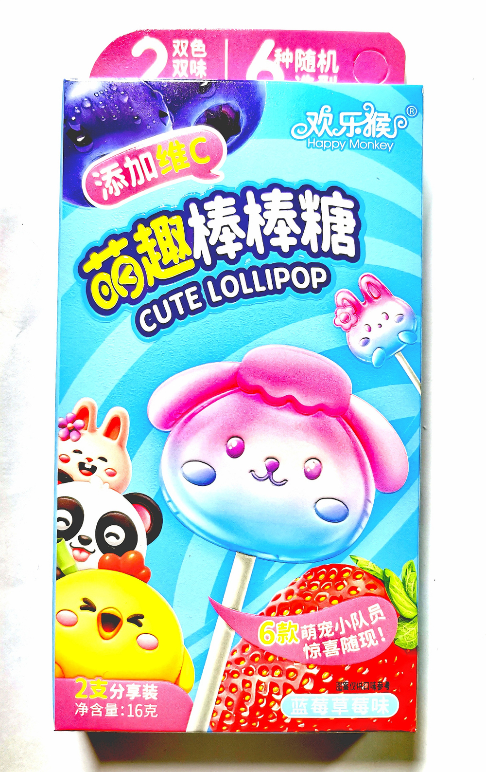 Леденцы на палочке LOLIPOPS Happy Monkey 2 шт 16гр черника клубника