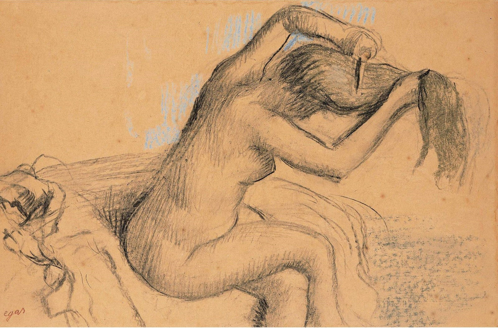 Эдгар Дега. 1895. Причесывающаяся обнаженная (Femme nue se coiffant). 36.2 х 56. Бумага, пастель и уголь. Частное собрание.