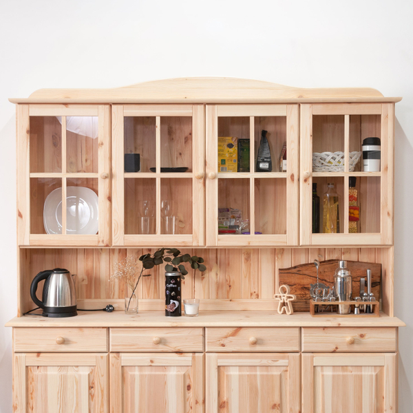 Шкаф витрина 174х28х109, Лена, стеклянная для посуды, буфет 4-дверный, с полками (верхняя часть буфета Лена), массив сосны, в натуральной отделке, Dipriz