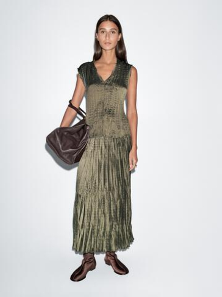 Massimo Dutti Плиссированная юбка миди, оливковый