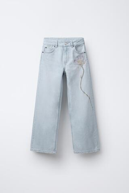 ZARA ДЖИНСЫ WIDE LEG С ЦВЕТОЧНОЙ ВЫШИВКОЙ, ГОЛУБОЙ