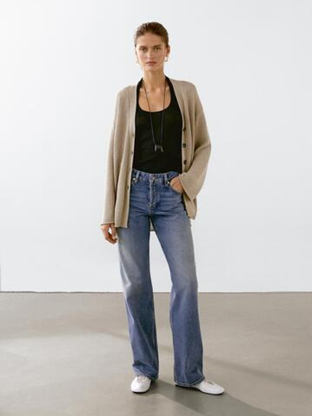 Massimo Dutti Кардиган оверсайз из тонкого трикотажа, бежевый/зеленый