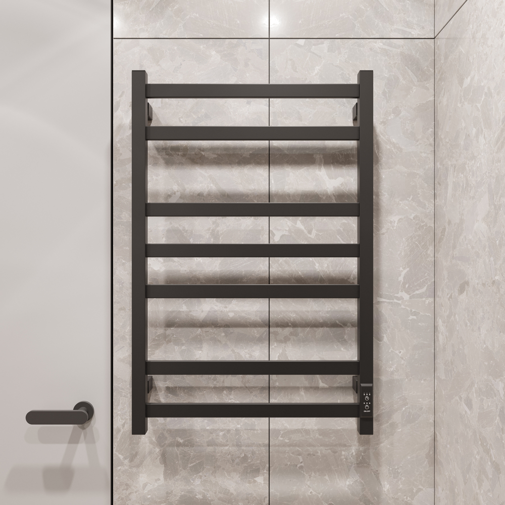 Полотенцесушитель электрический EWRIKA Пенелопа V7 80x55 см, подключение справа, слева, матовый черный, лесенка, из стали