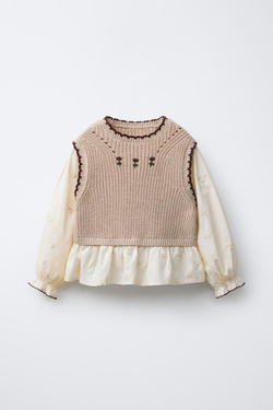 ZARA РУБАШКА С ЦВЕТОЧНОЙ ВЫШИВКОЙ И ТРИКОТАЖНЫМ ЖИЛЕТОМ, СВЕТЛО-БЕЖЕВЫЙ