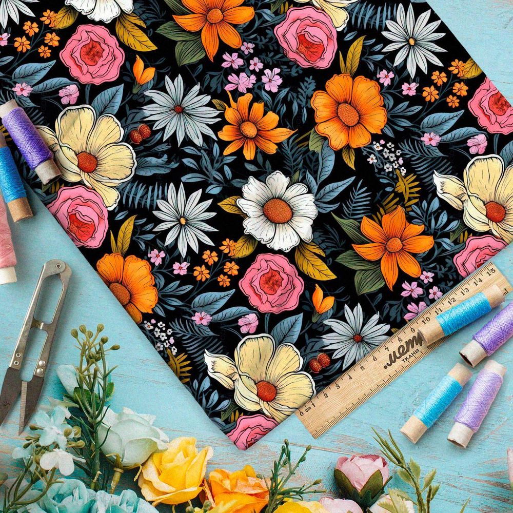 Ткань премиум дюспо полевое разноцветие на черном