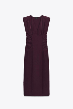 ZARA КОМБИНИРОВАННОЕ ПЛАТЬЕ С V-ОБРАЗНЫМ ВЫРЕЗОМ, БАКЛАЖАННЫЙ