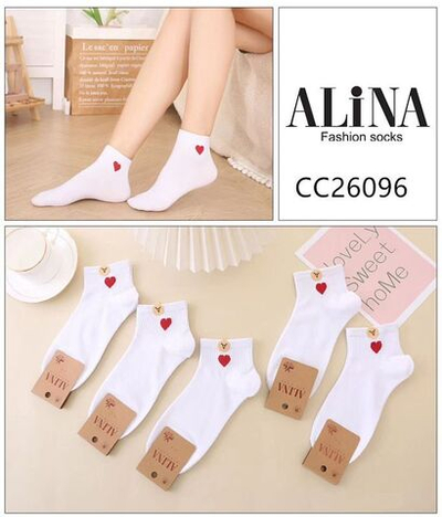 Белые короткие женские носки с красным сердечком - 10 пар