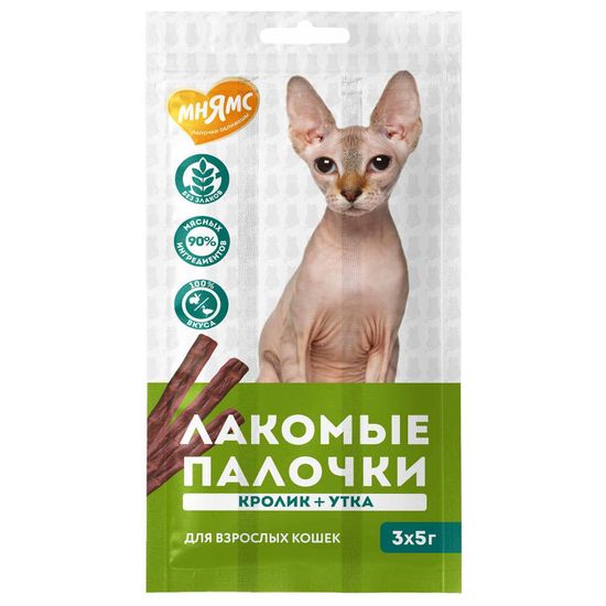 Мнямс Лакомые Палочки для кошек с Уткой и кроликом, 3*5 шт