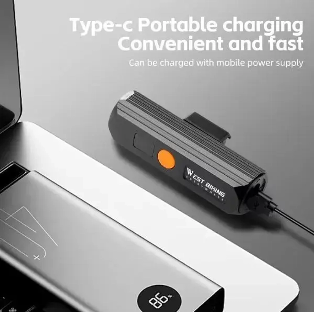 Фонарь велосипедный, передний West Biking YP0701434 (аккум. 3200 mAh, Tape-C)