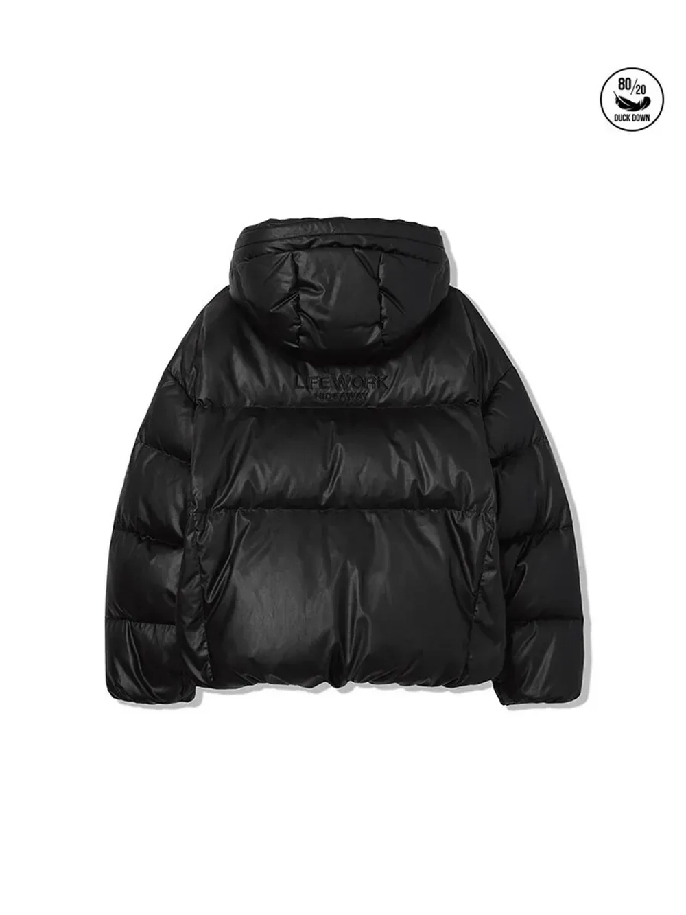 Пуховик из эко-кожи с капюшоном