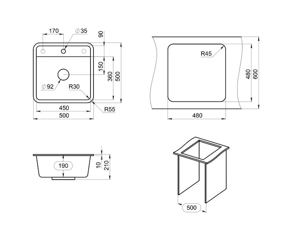Кухонная мойка GRANULA Standart 5001 Белая (500*500)