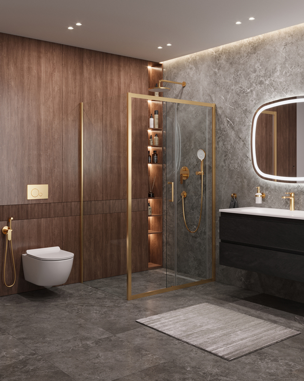 Душевой уголок Cezares MOLVENO-AH-11-160/90-C-BORO-IV, 160х90х195, профиль брашированное золото, прозрачное стекло