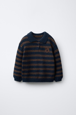 ZARA ВЯЗАНЫЙ ДЖЕМПЕР В ПОЛОСКУ С МЕДВЕДЕМ КРОШЕ, СИНИЙ