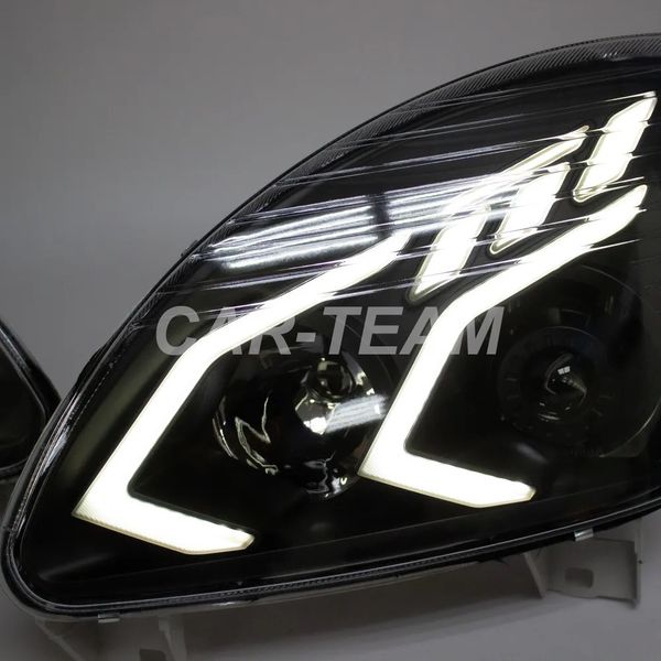 Фары Газель Бизнес передние в стиле Mercedes AMG c Bi LED модулями, тонированные галочки