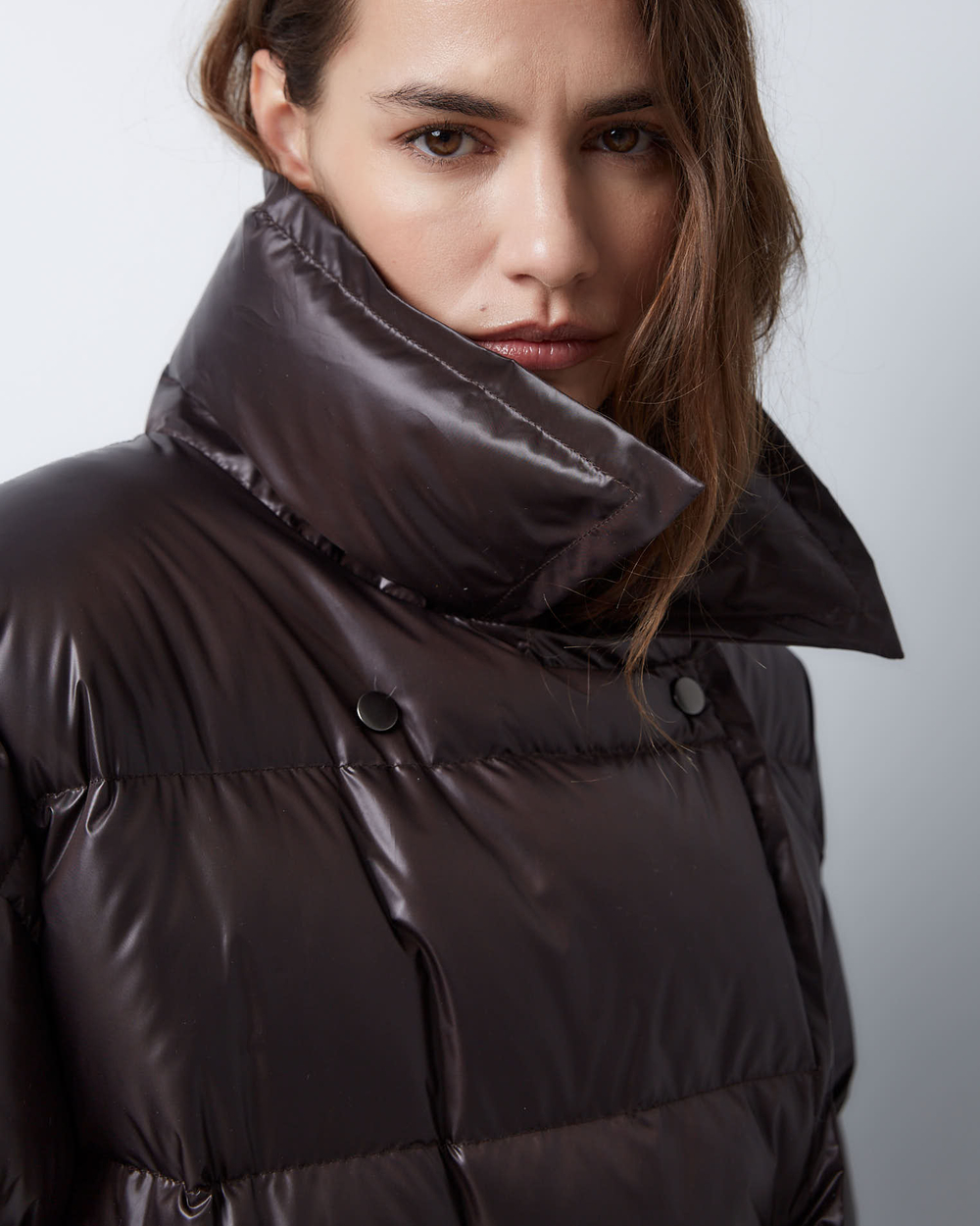 Пуховик двубортный темный шоколад