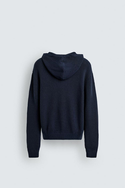 ZARA СВИТЕР ИЗ ХЛОПКА И ШЕРСТИ С КАПЮШОНОМ, МОРСКОЙ СИНИЙ