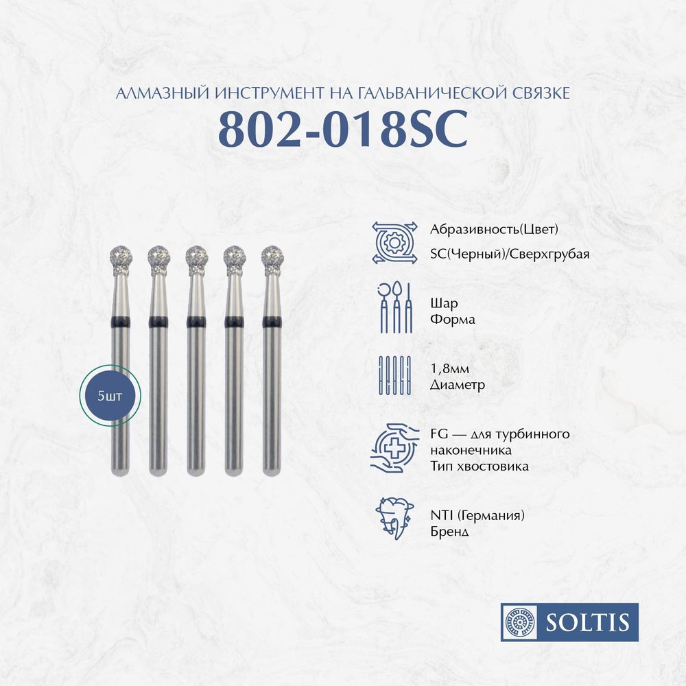 Бор алмазный NTI, 802 018 SC турбинный шаровидный с воротничком 2-я группа, 5шт