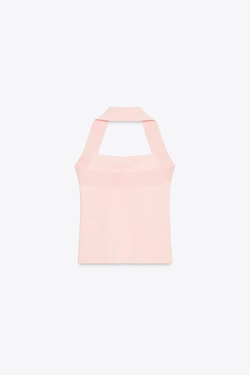 ZARA ЭЛАСТИЧНЫЙ ТОП С ГОРЛОВИНОЙ ХАЛТЕР, РОЗОВЫЙ