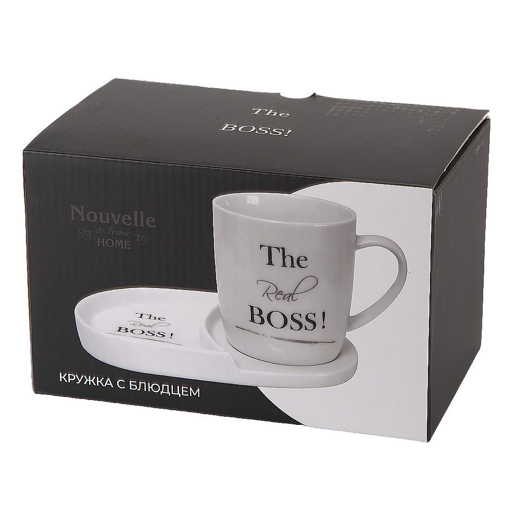 Кружка с блюдцем "THE REAL BOSS" v=380мл (фарфор) (подарочная упаковка)