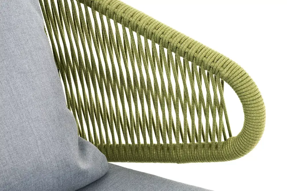 "Милан" диван 2-местный плетеный из роупа, каркас алюминий светло-серый (RAL7035) шагрень, роуп салатовый меланж круглый, ткань светло-серая