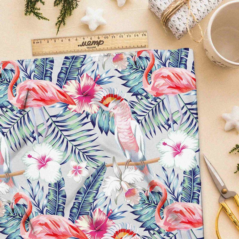 Ткань флис какаду и фламинго