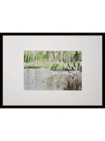 Картина авторская акварельная в паспарту 21х30 см на стену для интерьера "Пруд у беседки в Веребково"