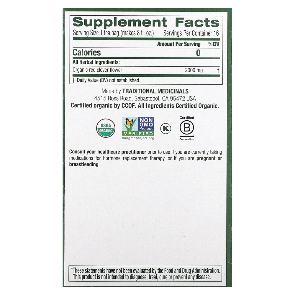 Traditional Medicinals, Органический красный клевер, без кофеина, 16 чайных пакетиков в упаковке, 32 г (1,13 унции)