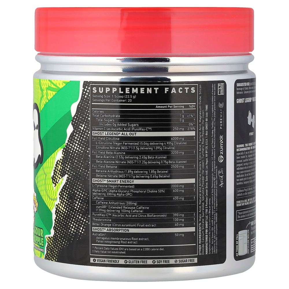 Ghost, Legend® All Out Pre-Workout, Warheads®, кислое зеленое яблоко, 450 г (15,9 унции)