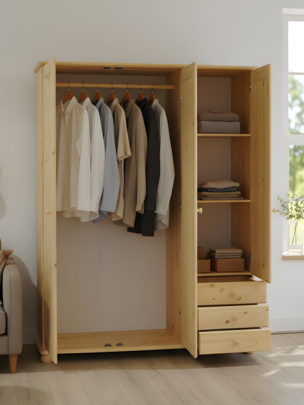 Шкаф 146х57х186, Фалко, для одежды, распашной, трехдверный, с ящиками деревянный, массив сосны, Dipriz