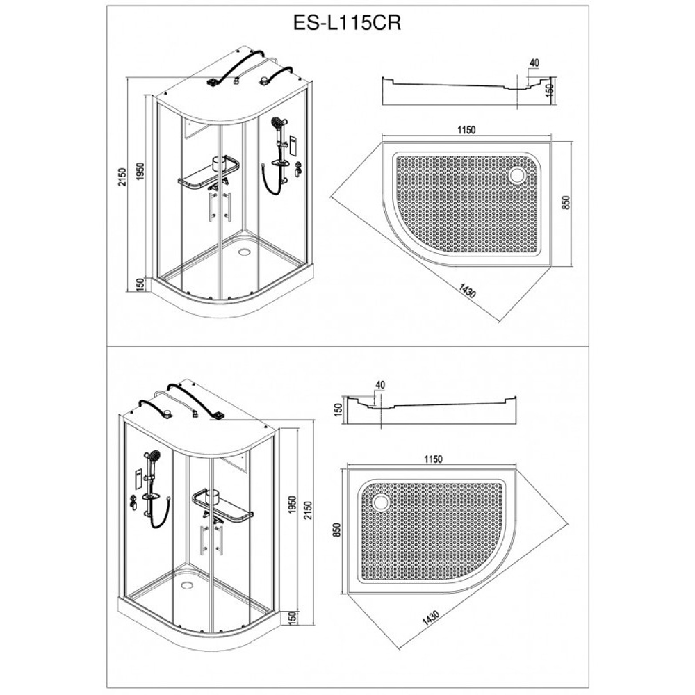 Душевая кабина Esbano (Эсбано) ES-L115CR R, с низким поддоном, с электрикой и LED освещением, 115х85х210