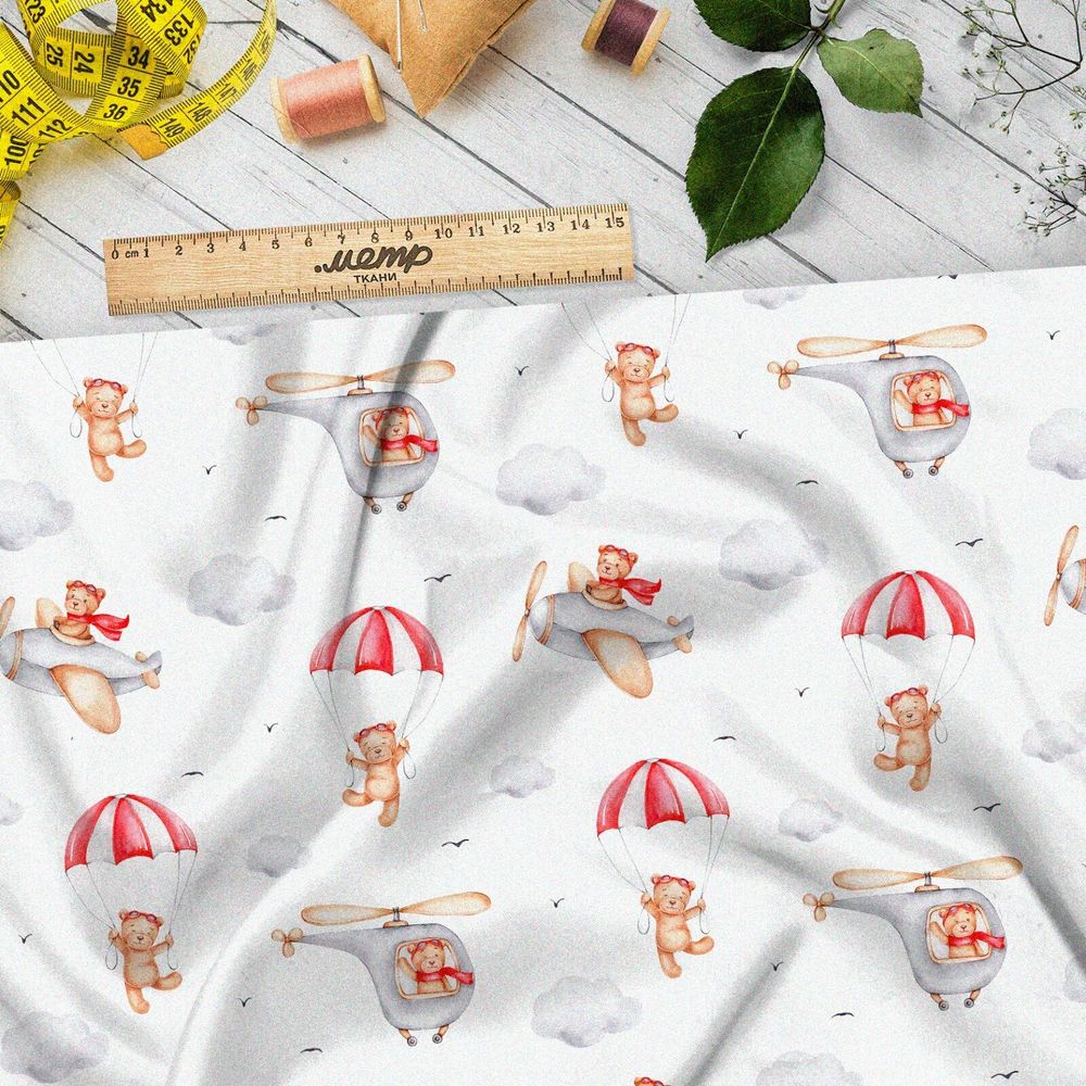 Ткань сатин мишки на самолёте и парашюте