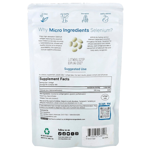 Micro Ingredients, селен, 200 мкг, 500 капсул