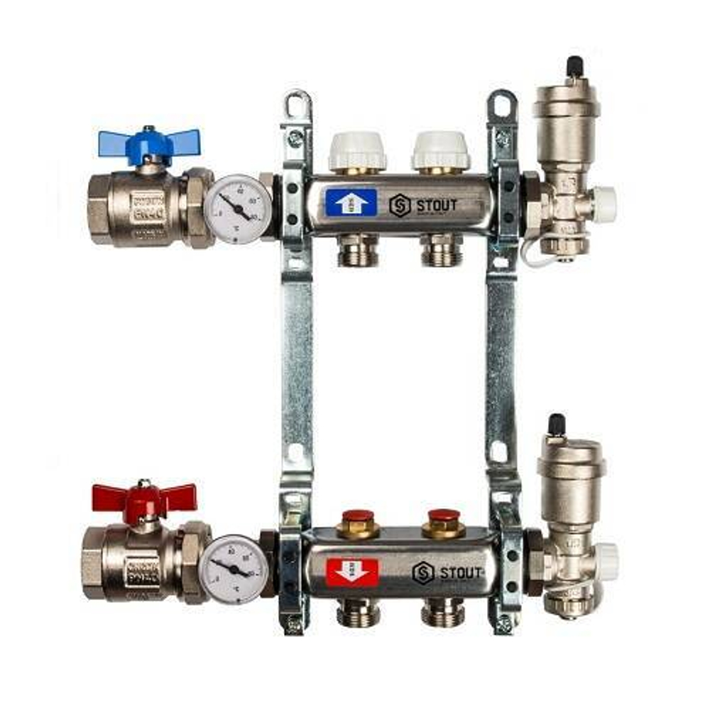 Коллекторная группа для радиаторного отопления STOUT SMS0912 - 1" на 2 контура 3/4"EK (нерж.сталь)