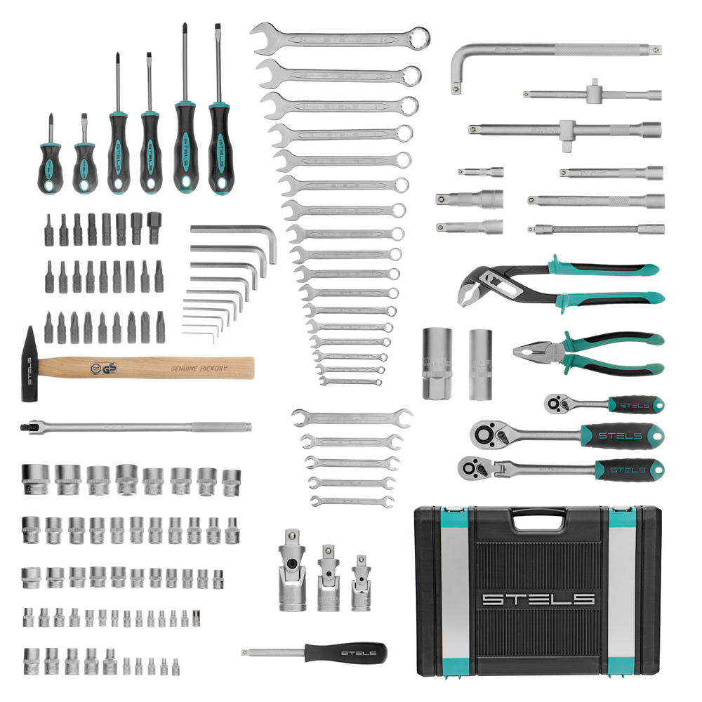 Набор инструментов, 1/2",3/8", 1/4", CrV, пластиковый кейс 142 предмета Stels