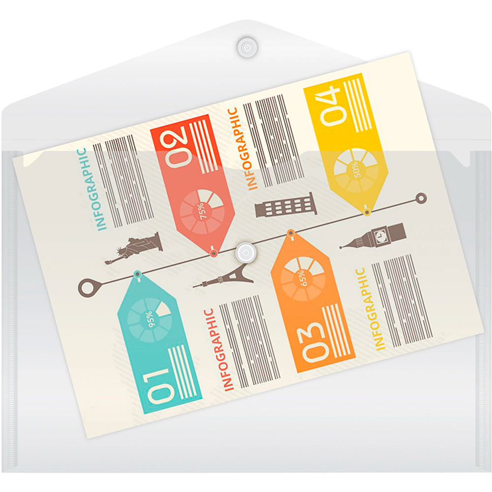 Папка-конверт на кнопке Бюрократ, А5, 180 мкм, прозрачная