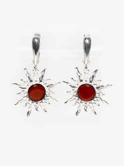 Серебряные серьги с цельным янтарем "Солнце", серебро 925 пробы