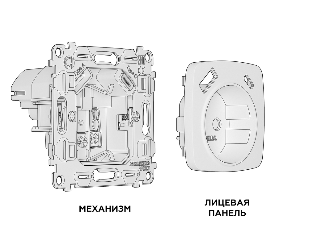 MO510010 Комплект механизма электрической розетки OMEGA Сталь матовый 2USB A+C 20W (быстрая зарядка) с/з QUANT (OP5100, VM160)