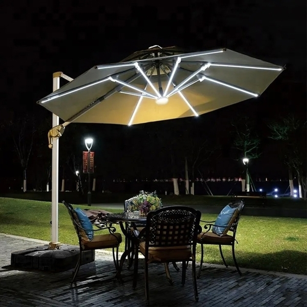 Зонт садовый складной с подставкой и подсветкой, круглый 300 см, бежевый