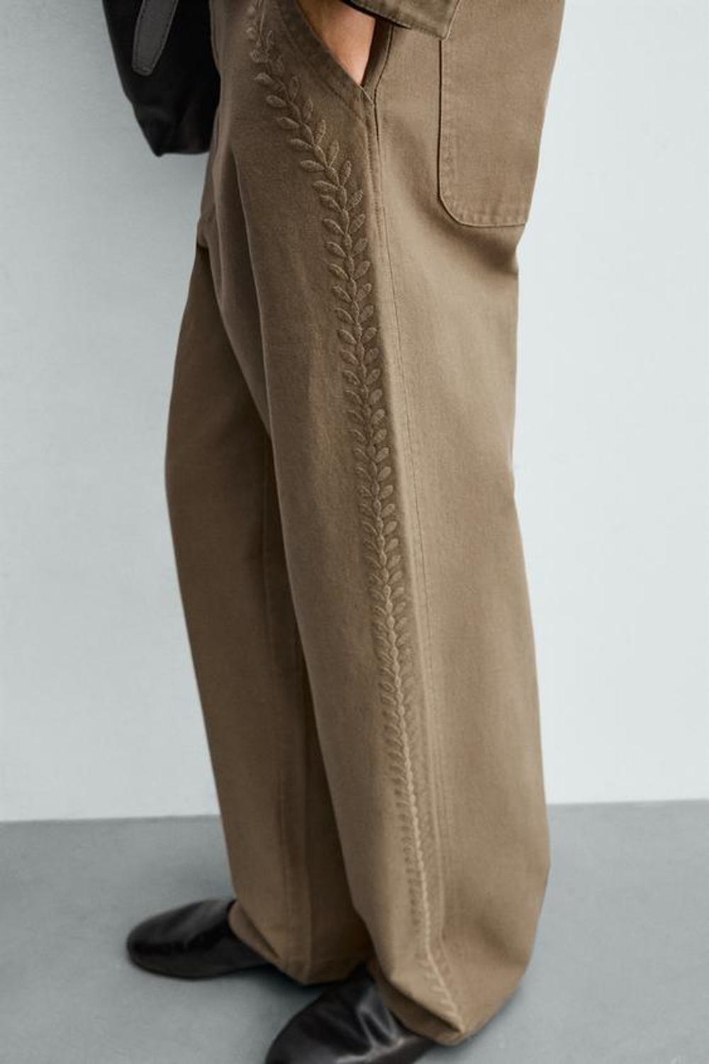 ZARA БРЮКИ STRAIGHT FIT С ВЫШИВКОЙ, РЫЖЕВАТО-КОРИЧНЕВЫЙ МЕЛАНЖ