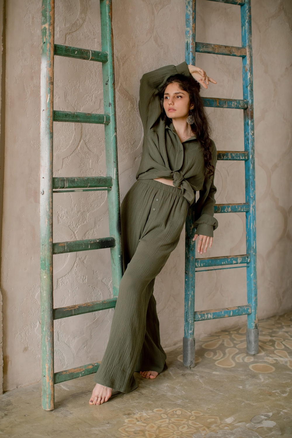 Штаны из жатого муслина Хаки