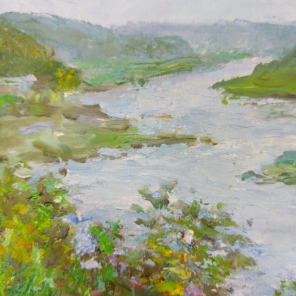 Картина авторская маслом на бумаге в паспарту 30х40 см на стену для интерьера "Вид на Волгу с отвесного берега г.Старицы"