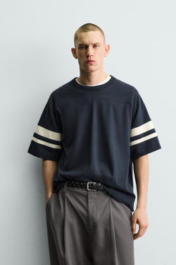 ZARA ФУТБОЛКА RELAXED FIT С КОНТРАСТНЫМИ ПОЛОСАМИ, МОРСКОЙ СИНИЙ