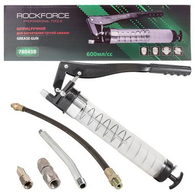Шприц для нагнетания густой смазки ручной 600мл в комплекте с жестким(L-170мм) и гибким(L-330мм) наконечником (прозрачная колба, 2 штока,''под тубу'') RockForce##Rock FORCE RF-78043B